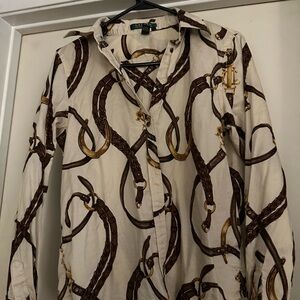 Ralph Lauren Cream Shirt with Brown and Gold Equestrian Design